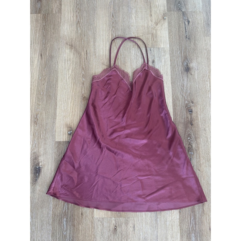In Bloom by Jonquil Minimalist Satin Lace Trim Chemise Slip Dress Womens M Plum